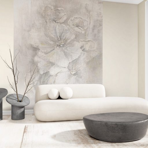 Ecsetvonások kavargásából kibontakozó művészi virágkompozíció porcelánfehér szürke palaszürke és aranybarna tónus falpanel