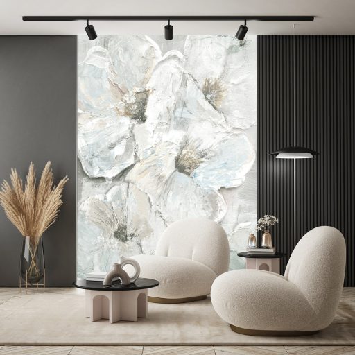 Ecsetvonások kavargásából kibontakozó művészi virágkompozíció homokbézs jégkék és grafitszürke tónus falpanel