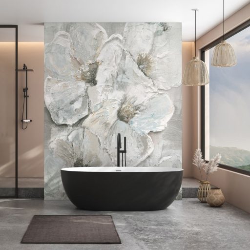 Ecsetvonások kavargásából kibontakozó művészi virágkompozíció homokbézs jégkék és grafitszürke tónus falpanel