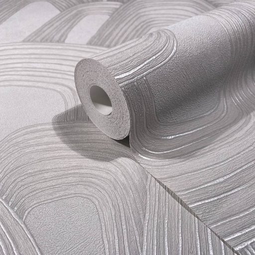 Ismétlődő domború koncentrikus ívek monumentális absztrakt mintázata szürke ezüstszürke és ezüst tónus fémes hatás tapéta