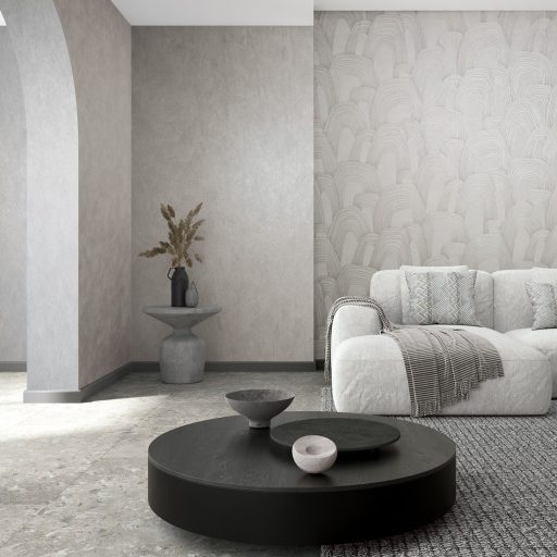 Ismétlődő domború koncentrikus ívek monumentális absztrakt mintázata szürke ezüstszürke és ezüst tónus fémes hatás tapéta