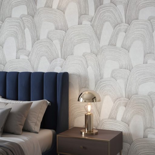 Ismétlődő domború koncentrikus ívek monumentális absztrakt mintázata szürke ezüstszürke és ezüst tónus fémes hatás tapéta