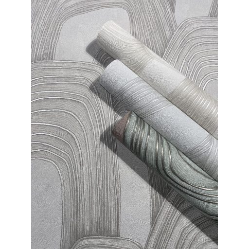 Ismétlődő domború koncentrikus ívek monumentális absztrakt mintázata szürke ezüstszürke és ezüst tónus fémes hatás tapéta
