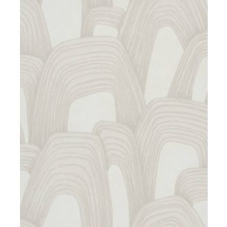   Ismétlődő domború koncentrikus ívek monumentális absztrakt mintázata krémfehér bézs és gyöngyház tónus fémes hatás tapéta
