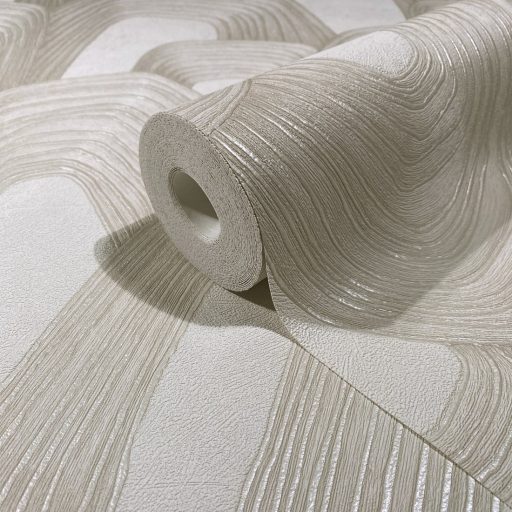 Ismétlődő domború koncentrikus ívek monumentális absztrakt mintázata krémfehér bézs és gyöngyház tónus fémes hatás tapéta