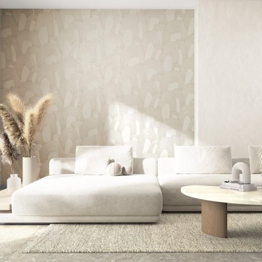 Ismétlődő domború koncentrikus ívek monumentális absztrakt mintázata krémfehér bézs és gyöngyház tónus fémes hatás tapéta