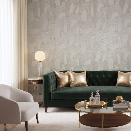 Ismétlődő domború koncentrikus ívek monumentális absztrakt mintázata krémfehér bézs és gyöngyház tónus fémes hatás tapéta