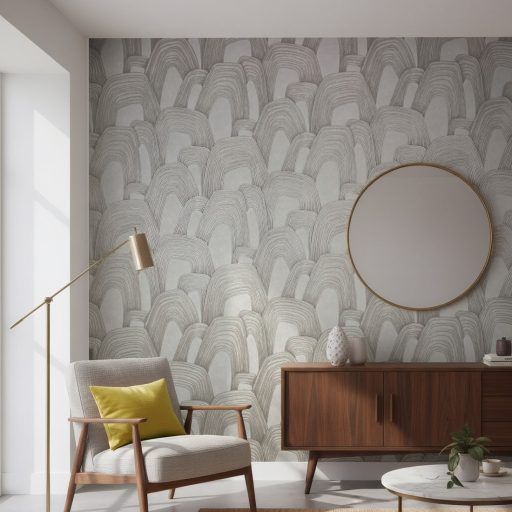 Ismétlődő domború koncentrikus ívek monumentális absztrakt mintázata szürke grafit és ezüst tónus fémes hatás tapéta