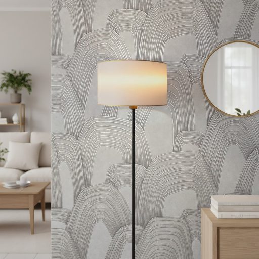 Ismétlődő domború koncentrikus ívek monumentális absztrakt mintázata szürke grafit és ezüst tónus fémes hatás tapéta