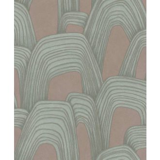   Ismétlődő domború koncentrikus ívek monumentális absztrakt mintázata mályvarózsaszín mentazöld és roségold tónus fémes hatás tapéta