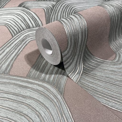 Ismétlődő domború koncentrikus ívek monumentális absztrakt mintázata mályvarózsaszín mentazöld és roségold tónus fémes hatás tapéta