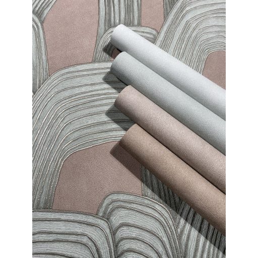 Ismétlődő domború koncentrikus ívek monumentális absztrakt mintázata mályvarózsaszín mentazöld és roségold tónus fémes hatás tapéta