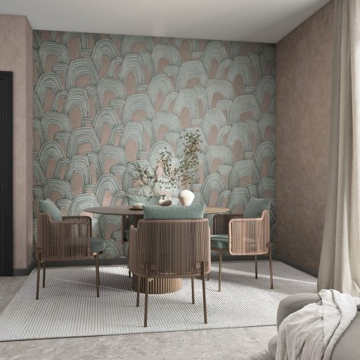 Ismétlődő domború koncentrikus ívek monumentális absztrakt mintázata mályvarózsaszín mentazöld és roségold tónus fémes hatás tapéta