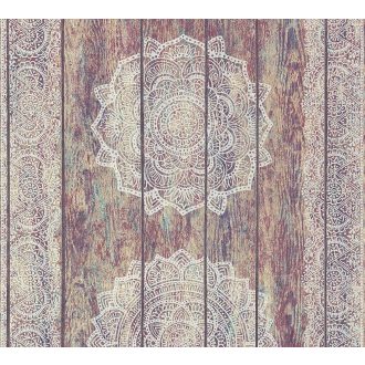   Boho stílusú csíkos etno virágos minta bézs szürke kék vörös fehér tapéta