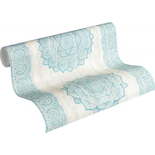 Boho stílusú csíkos etno virágos minta fehér szürke türkiz tapéta