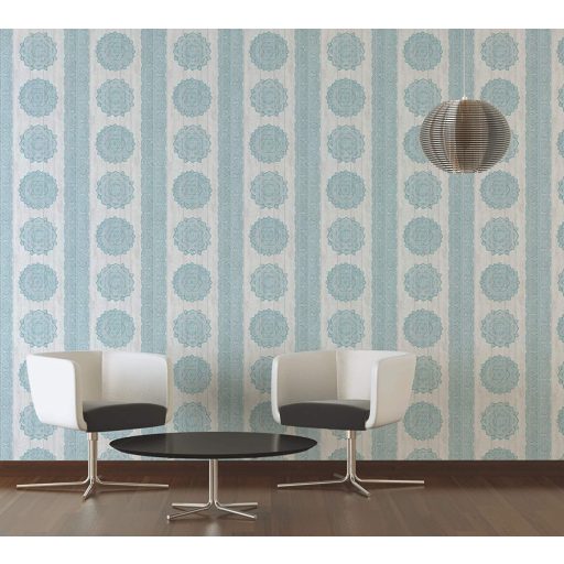 Boho stílusú csíkos etno virágos minta fehér szürke türkiz tapéta