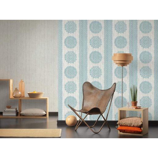 Boho stílusú csíkos etno virágos minta fehér szürke türkiz tapéta