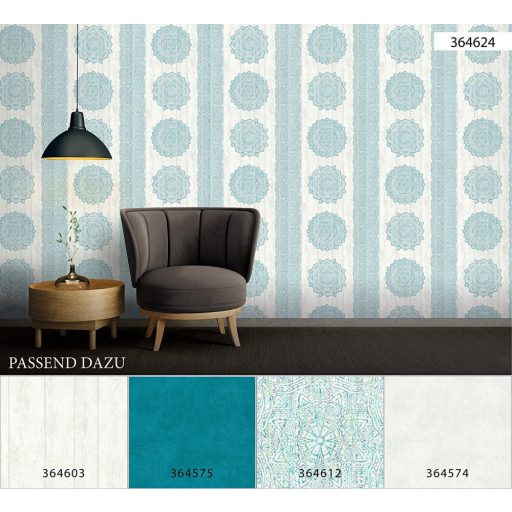 Boho stílusú csíkos etno virágos minta fehér szürke türkiz tapéta