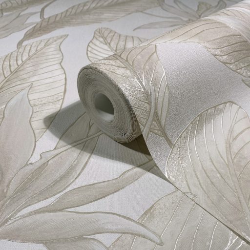 Botanikai illusztráció - nagyméretű trópusi levelek mintája krémfehér bézs homokszín ezüst és bézsarany tónus fémes hatás tapéta