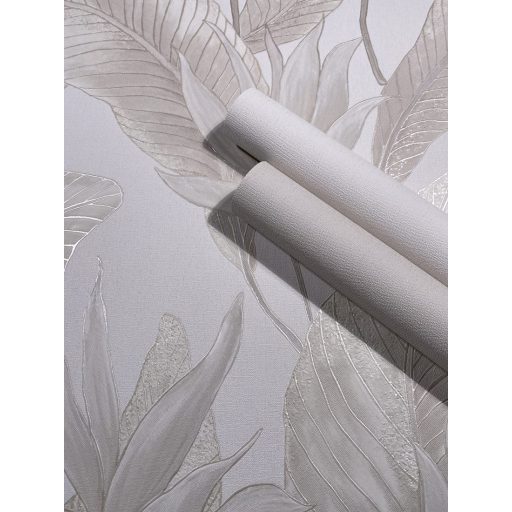 Botanikai illusztráció - nagyméretű trópusi levelek mintája krémfehér bézs homokszín ezüst és bézsarany tónus fémes hatás tapéta