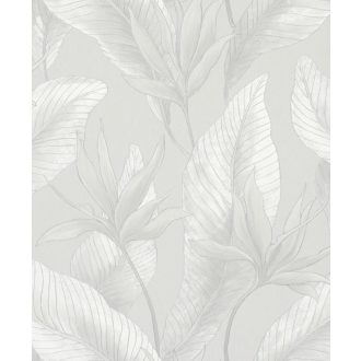   Botanikai illusztráció - nagyméretű trópusi levelek mintája szürke ezüstszürke és ezüst tónus fémes hatás tapéta