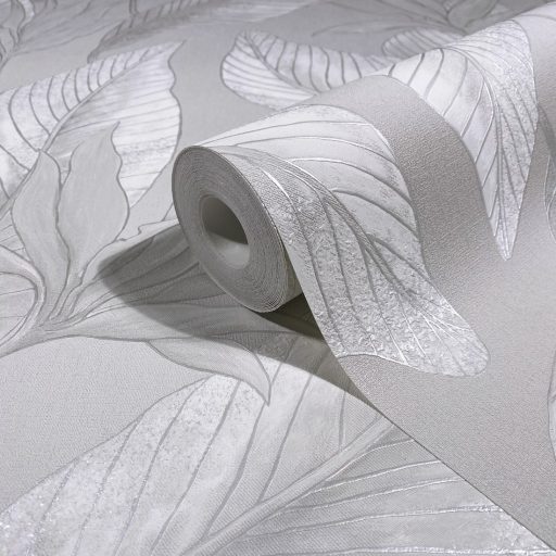 Botanikai illusztráció - nagyméretű trópusi levelek mintája szürke ezüstszürke és ezüst tónus fémes hatás tapéta