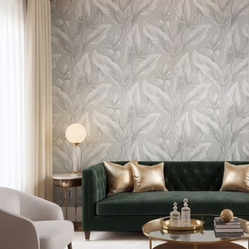 Botanikai illusztráció - nagyméretű trópusi levelek mintája szürke ezüstszürke és ezüst tónus fémes hatás tapéta