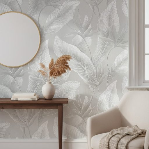 Botanikai illusztráció - nagyméretű trópusi levelek mintája szürke ezüstszürke és ezüst tónus fémes hatás tapéta