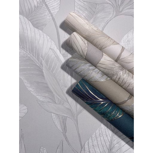 Botanikai illusztráció - nagyméretű trópusi levelek mintája szürke ezüstszürke és ezüst tónus fémes hatás tapéta