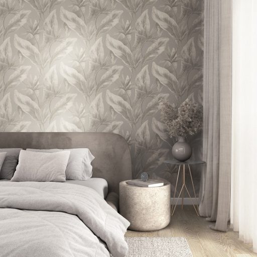 Botanikai illusztráció - nagyméretű trópusi levelek mintája szürke/szürkésbézs homokszín ezüst és aranybarna tónus fémes hatás tapéta