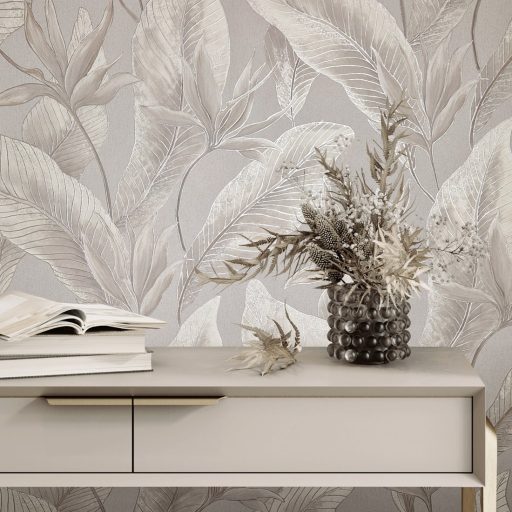 Botanikai illusztráció - nagyméretű trópusi levelek mintája szürke/szürkésbézs homokszín ezüst és aranybarna tónus fémes hatás tapéta