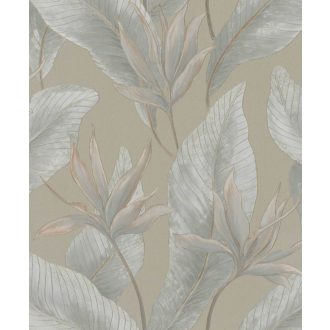   Botanikai illusztráció - nagyméretű trópusi levelek mintája meleg homokszín kék/kékeszürke roségold és aranybarna tónus fémes hatás tapéta