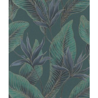  Botanikai illusztráció - nagyméretű trópusi levelek mintája smaragdzöld jádezöld kékeslila-antracit türkiz és arany tónus fémes hatás tapéta