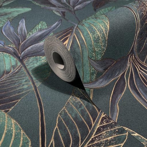 Botanikai illusztráció - nagyméretű trópusi levelek mintája smaragdzöld jádezöld kékeslila-antracit türkiz és arany tónus fémes hatás tapéta