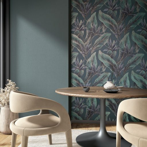 Botanikai illusztráció - nagyméretű trópusi levelek mintája smaragdzöld jádezöld kékeslila-antracit türkiz és arany tónus fémes hatás tapéta