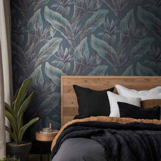 Botanikai illusztráció - nagyméretű trópusi levelek mintája smaragdzöld jádezöld kékeslila-antracit türkiz és arany tónus fémes hatás tapéta