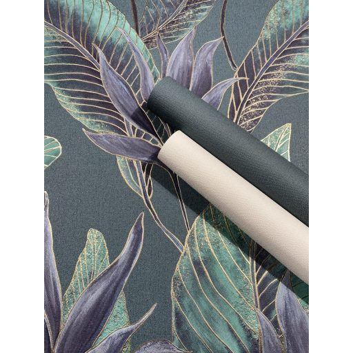 Botanikai illusztráció - nagyméretű trópusi levelek mintája smaragdzöld jádezöld kékeslila-antracit türkiz és arany tónus fémes hatás tapéta