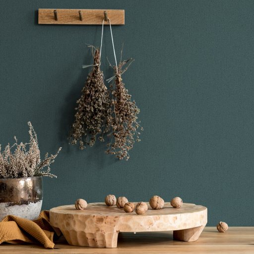 Finoman szőtt vászonhatású strukturált egyszínű minta sötét kékeszöld tónus tapéta