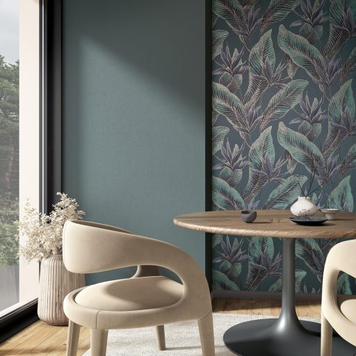 Finoman szőtt vászonhatású strukturált egyszínű minta sötét kékeszöld tónus tapéta