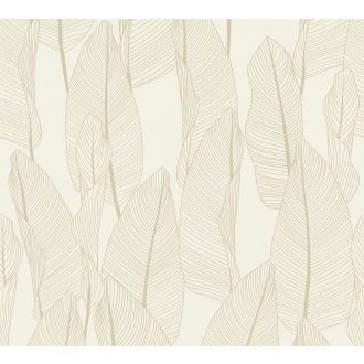   Nagyméretű vonalrajzú kifinomult trópusi levelek mintája meleg krémfehér/vaníliasárga homokbézs és halvány arany tónus tapéta