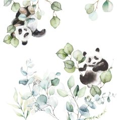   Jó hangulatú játékos pandák eukaliptusz ágakon fehér fekete zöld és kékeszöld tónus falpanel