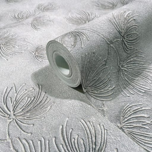 Szélfújta pitypangok dombormintája - relief hatású természeti "állókép" ezüstszürke szürke és gyöngyház tónus tapéta