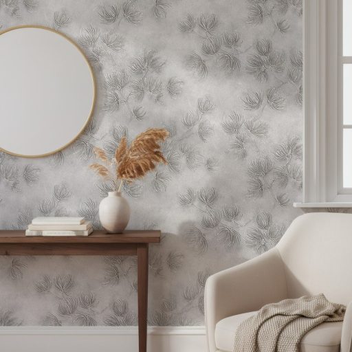 Szélfújta pitypangok dombormintája - relief hatású természeti "állókép" ezüstszürke szürke és gyöngyház tónus tapéta