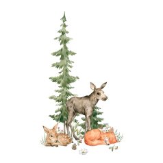   Skandináv életkép - Fenyő őzikével kis jávorszarvassal és rókával fehér zöld barna és vörös tónus falpanel