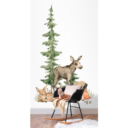 Skandináv életkép - Fenyő őzikével kis jávorszarvassal és rókával fehér zöld barna és vörös tónus falpanel