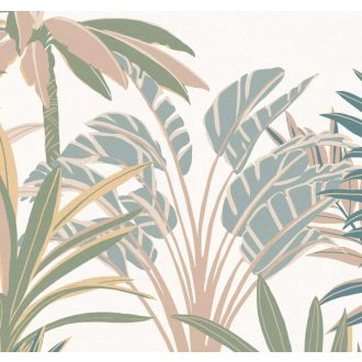   Gazdag trópusi vegetáció nagyformátumú levelekkel kompozíció fehér zöld lazac és sokszínű tónus falpanel