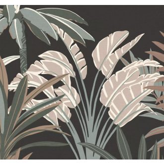   Gazdag trópusi vegetáció nagyformátumú levelekkel kompozíció fekete zöld rózsaszín barna krém és olívzöld tónus falpanel