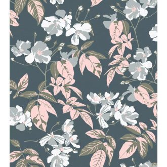   Fényes cseresznyevirágok friss élénk és hangulatos 3D panorámája sötét zöldeskék szürke rózsaszín fehér és zöld tónus falpanel