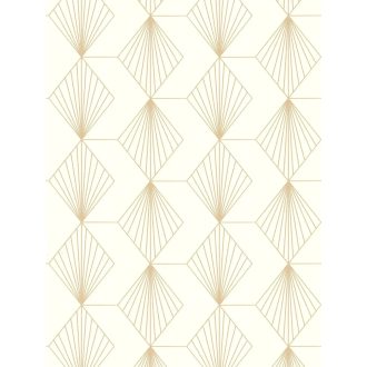   Kapcsolatban álló "sugárirányban" mintázott rombuszok mintája fehér/krémfehér fémes aranybarna mintarajzolat tapéta