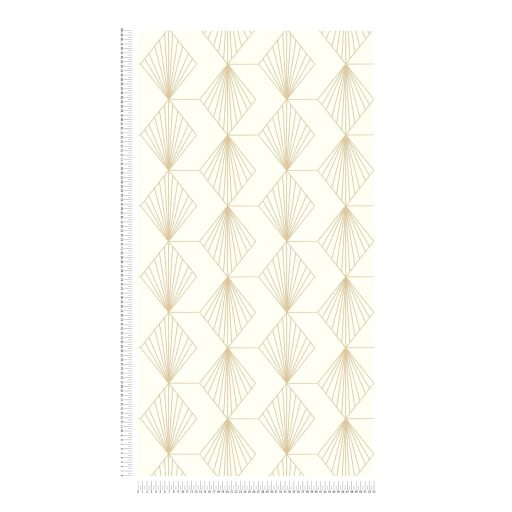 Kapcsolatban álló "sugárirányban" mintázott rombuszok mintája fehér/krémfehér fémes aranybarna mintarajzolat tapéta
